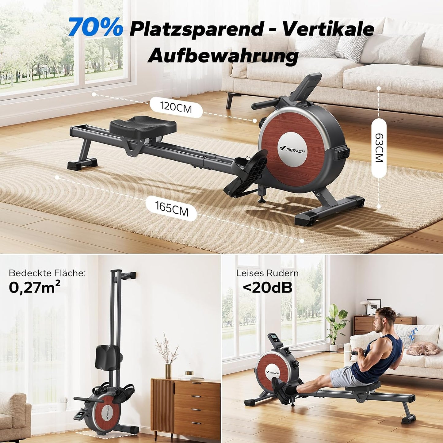 MERACH Q1s Rowing Machine 160kg – 32-stufig Magnet, 5,5kg Schwungrad, App, Dual-Rail, 0,2m², Black