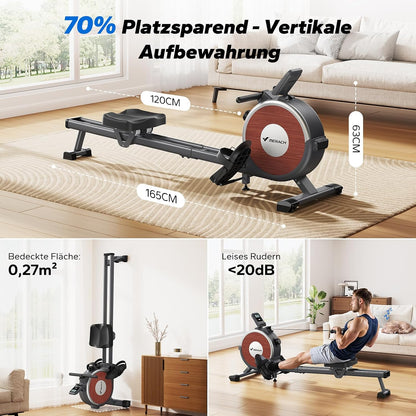 MERACH Q1s Rowing Machine 160kg – 32-stufig Magnet, 5,5kg Schwungrad, App, Dual-Rail, 0,2m², Black