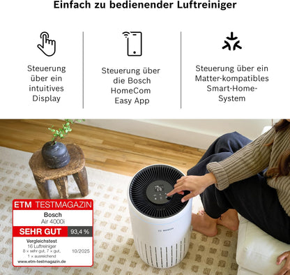 Bosch Air 4000i Air Purifier 62,5m² – 3-in-1 HEPA+Aktivkohle, CADR 300m³/h, 25dB, App, Smart Home, White