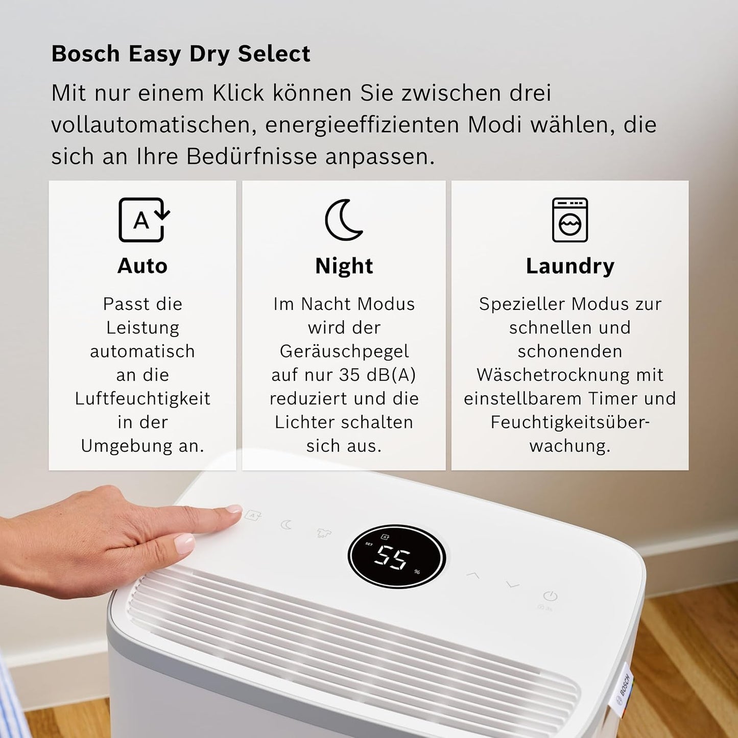 Bosch Dry 2000 Dehumidifier 12L/Day – 35dB, 2,5L Tank, Auto/Nacht/Laundry, 24m², White/Grey