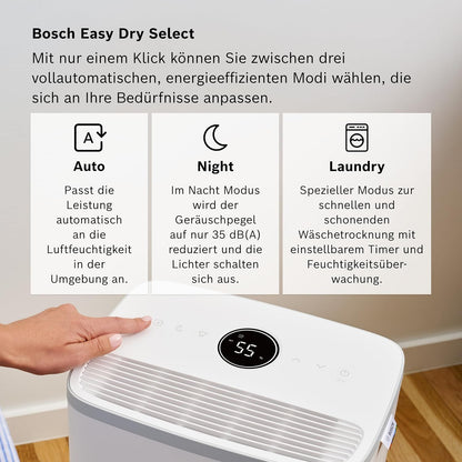 Bosch Dry 2000 Dehumidifier 12L/Day – 35dB, 2,5L Tank, Auto/Nacht/Laundry, 24m², White/Grey