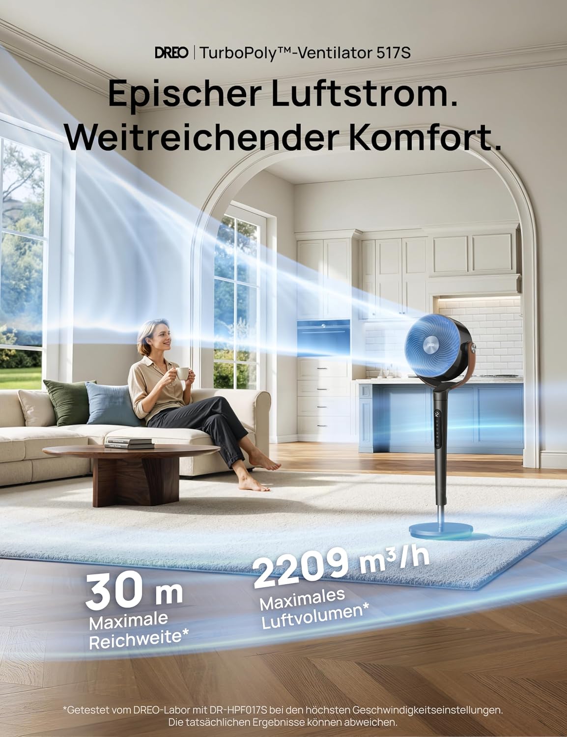 DREO PolyFan 513S DR-HAF003S Pedestal Fan 95,5cm – 2209m³/h, 20dB, RGB, 150°+120°, WiFi, Alexa, Black