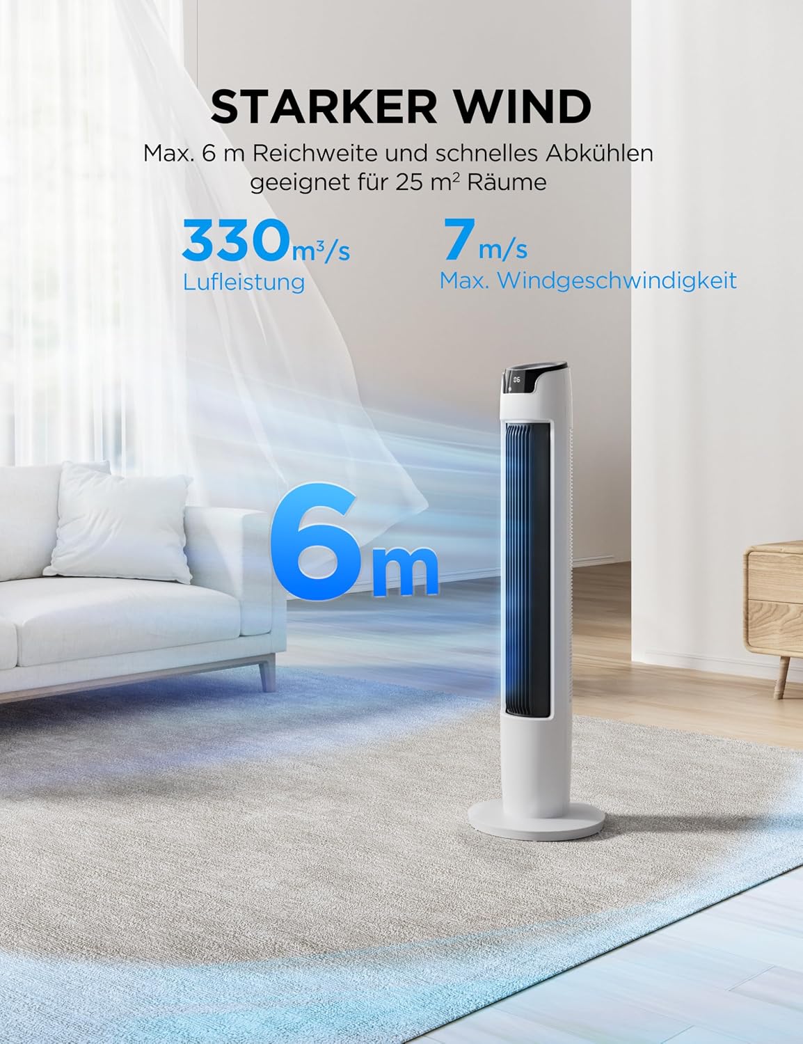 Midea FZ10-16AR Tower Fan 111cm – 6 Speeds, 3 Modes, 32dB, 60° Oscillation, 12h Timer, White