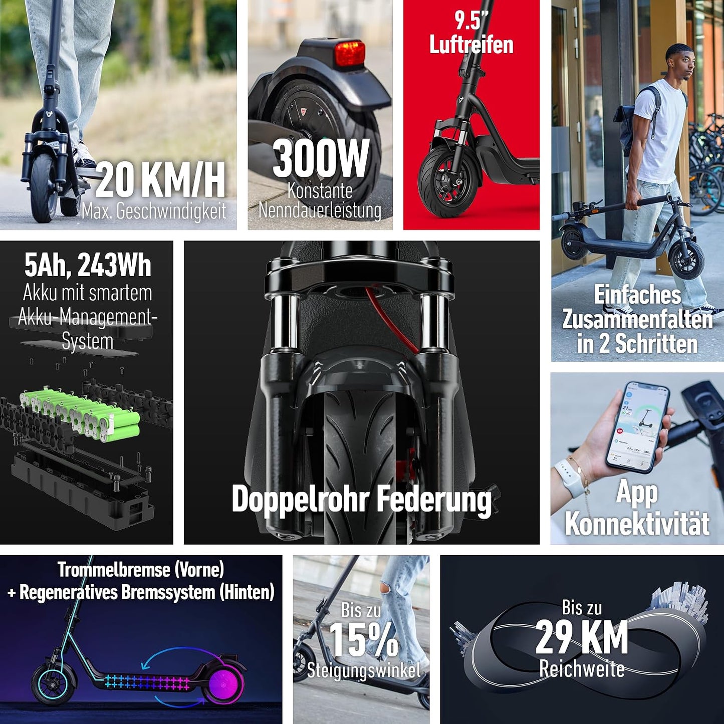 NIU KQi100P E-Scooter with ABE, Up to 29 km Range, 300 W Motor, 10 Zoll Pneumatic Tyres, hydraulische Front Suspension, App Control, Anthracite/Black
