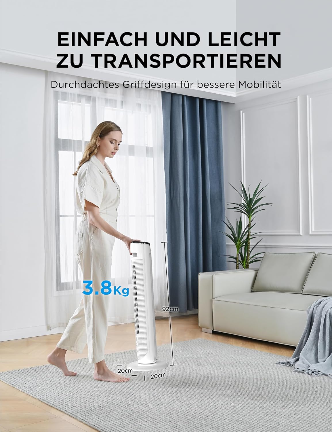 Midea FZ10-17JR Tower Fan 91,8cm – 45W, 330m³/h, 90° Oscillation, 3 Modes, 38dB, 7h Timer, White