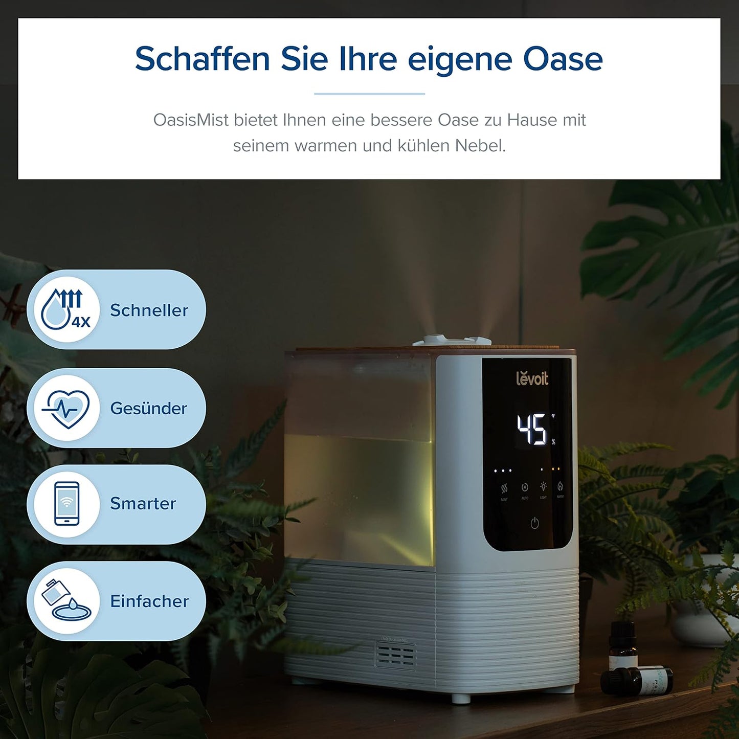 Levoit OasisMist LUH-O451S Humidifier 4,5L – Warm & Kalt, VortexMist, 550ml/h, 26dB, WiFi, Moon White