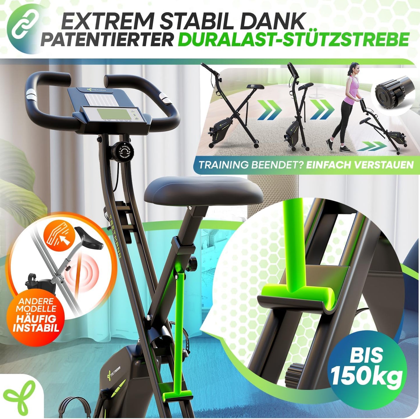TRETMANN Exercise Bike Foldable 16 Speeds – Magnetbremse, Pulssensor, 150kg, DEKRA, Matt Stahl