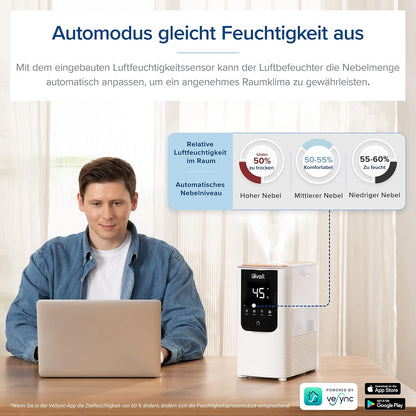 Levoit OasisMist LUH-O451S Humidifier 4,5L – Warm & Kalt, VortexMist, 550ml/h, 26dB, WiFi, Moon White
