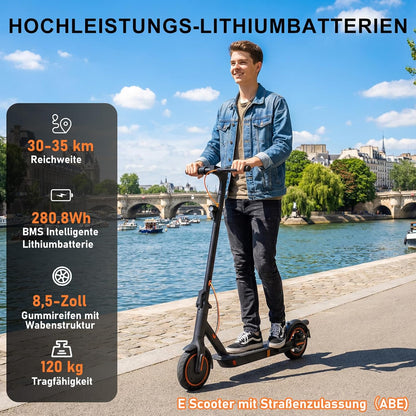 TODIMART T3 E-Scooter with ABE, Up to 30 km Range, 8,5 Zoll Solid Rubber Tyres, Bluetooth-App, Dual Braking System, Foldable, IPX5, Black/Orange