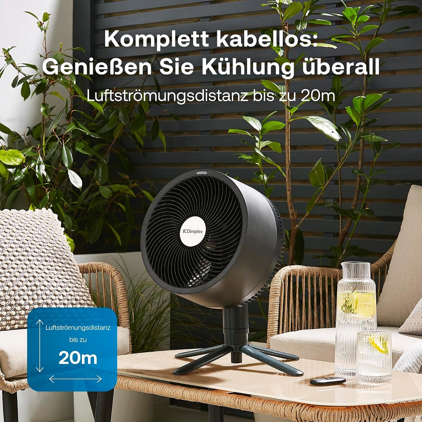 Dimplex DUOCOOL Smart Wireless 2-in-1 Battery-Ventilator – 45h, 36dB, IP54, 20m, Alexa, App, Black