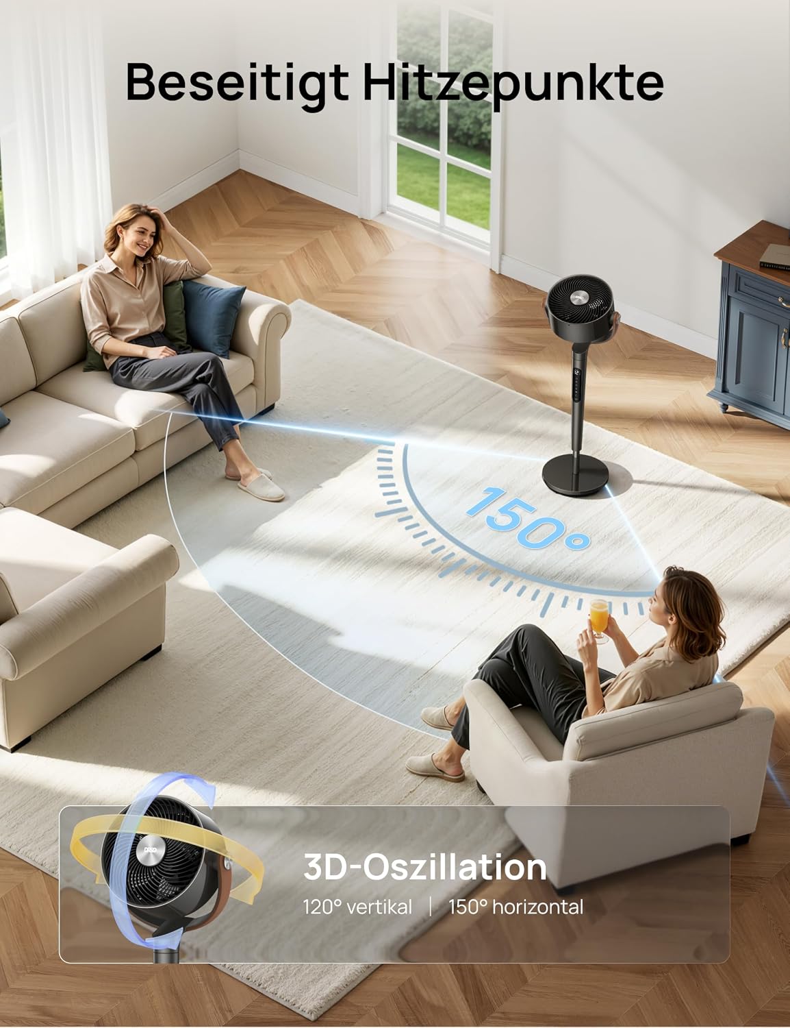 DREO PolyFan 513S DR-HAF003S Pedestal Fan 95,5cm – 2209m³/h, 20dB, RGB, 150°+120°, WiFi, Alexa, Black