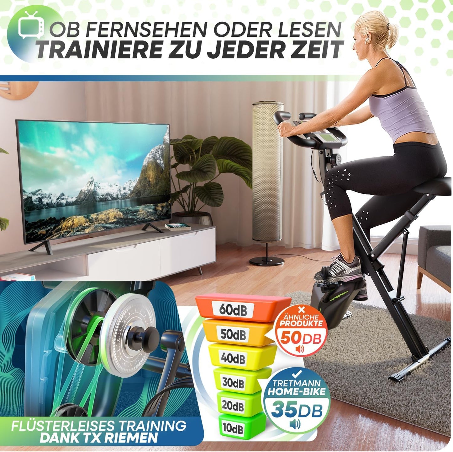 TRETMANN Exercise Bike Foldable 16 Speeds – Magnetbremse, Pulssensor, 150kg, DEKRA, Matt Stahl