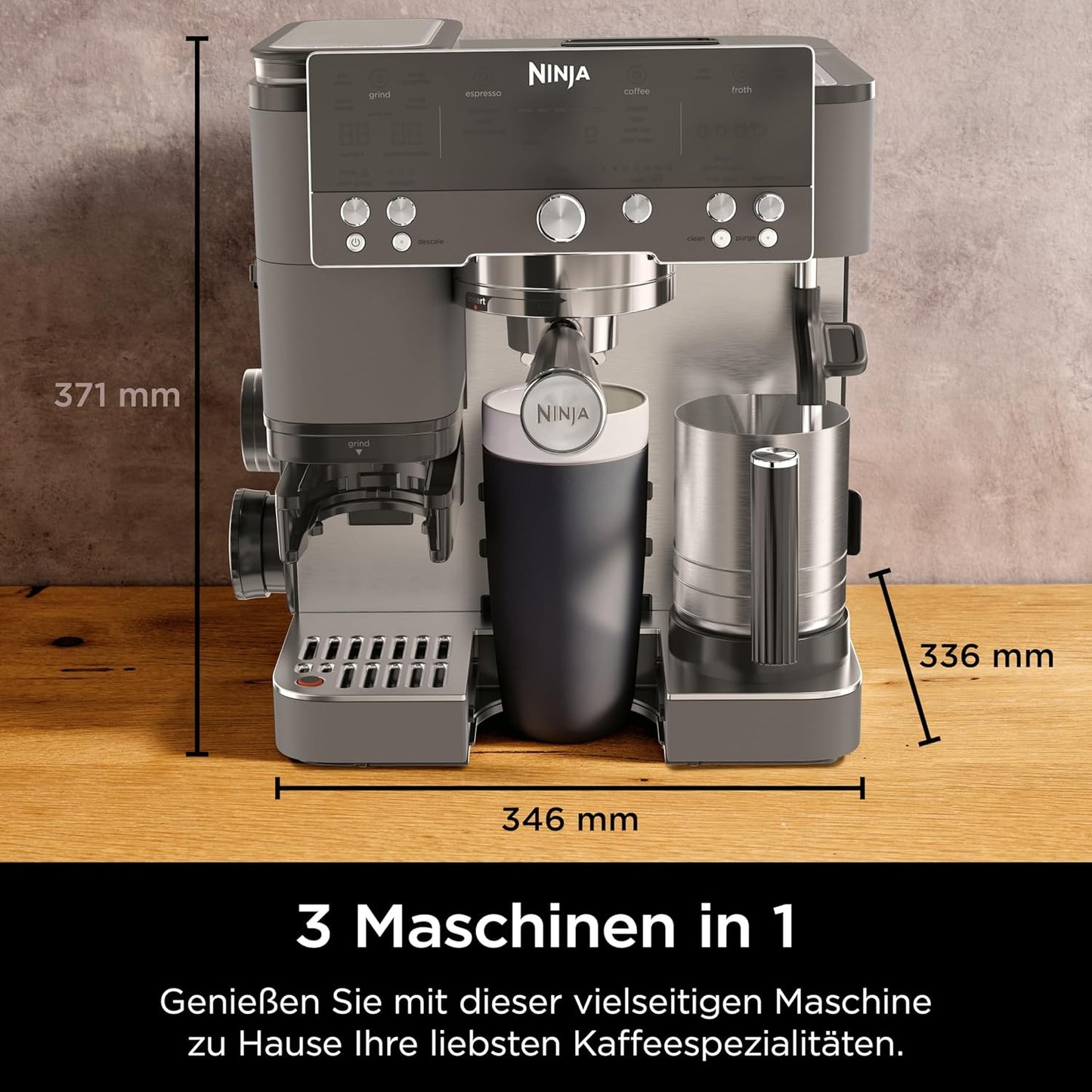 Ninja ES601EUGM Luxe Premier 3-in-1 Coffee Machine 2L – Barista-Assist, Grinder, Mikroschaum, Grey Metal