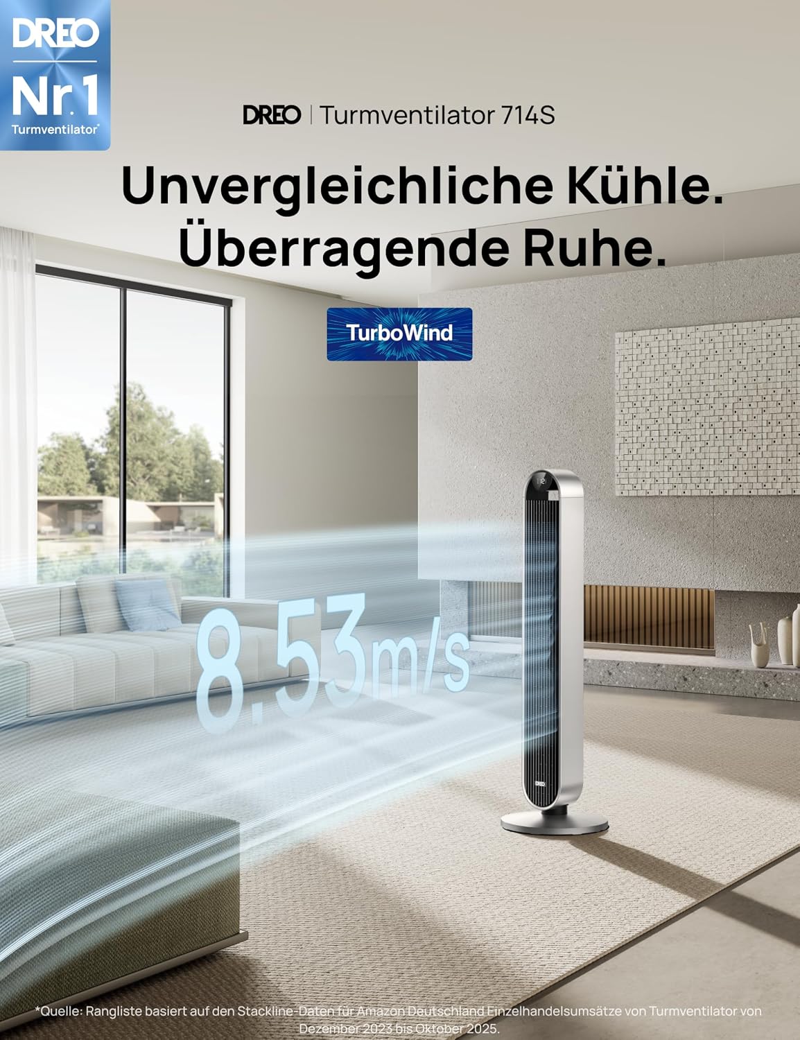 DREO Pilot Max DR-HTF004S Tower Fan 108cm – 12 Speeds, 120° Oscillation, 25dB, WiFi, Alexa, Silver