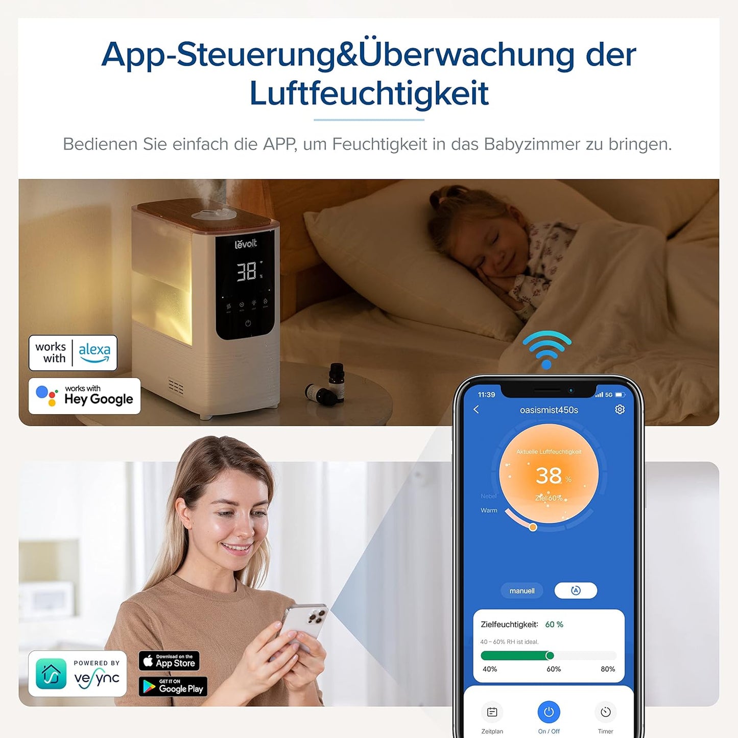 Levoit OasisMist LUH-O451S Humidifier 4,5L – Warm & Kalt, VortexMist, 550ml/h, 26dB, WiFi, Moon White