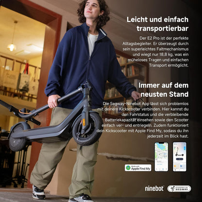 Segway-Ninebot E2 Pro D E-Scooter, 20 km/h, Up to 35 km Range, 275 Wh Battery, 10 Zoll Tubeless Pneumatic Tyres, TCS, Dual Braking System, LED Display, Foldable, Black