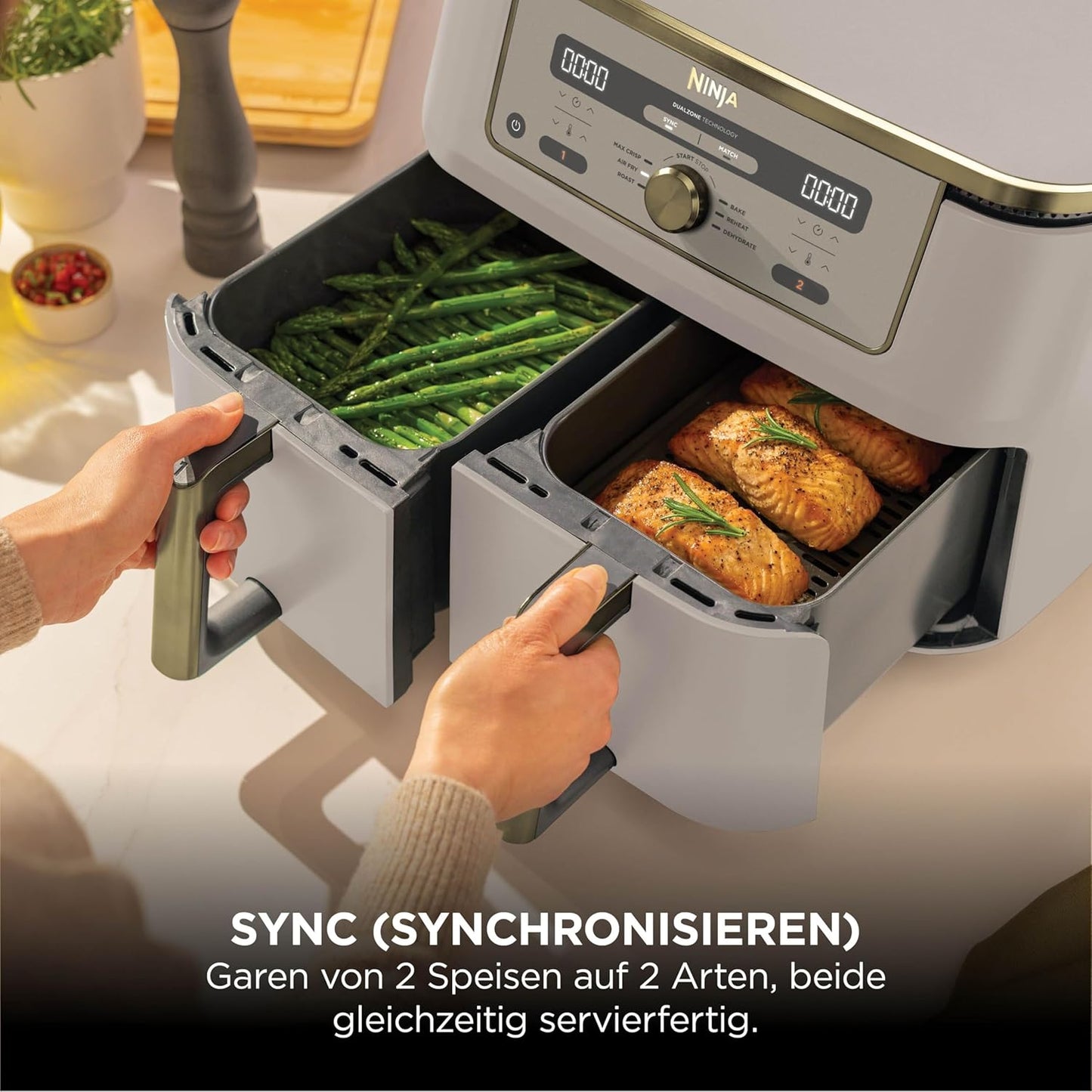 Ninja DZ400EUSGD Foodi Dual Zone Air Fryer 9,5L – 6 Functions, 2470W, Stone Gold