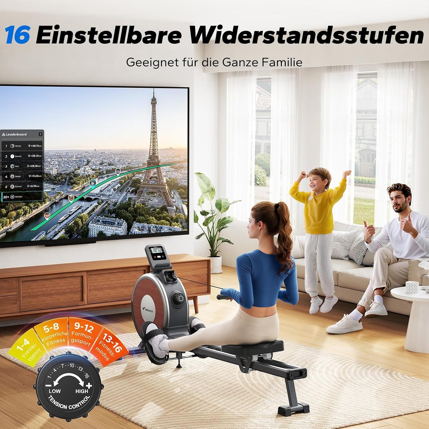 MERACH Q1s Rowing Machine 160kg – 32-stufig Magnet, 5,5kg Schwungrad, App, Dual-Rail, 0,2m², Black