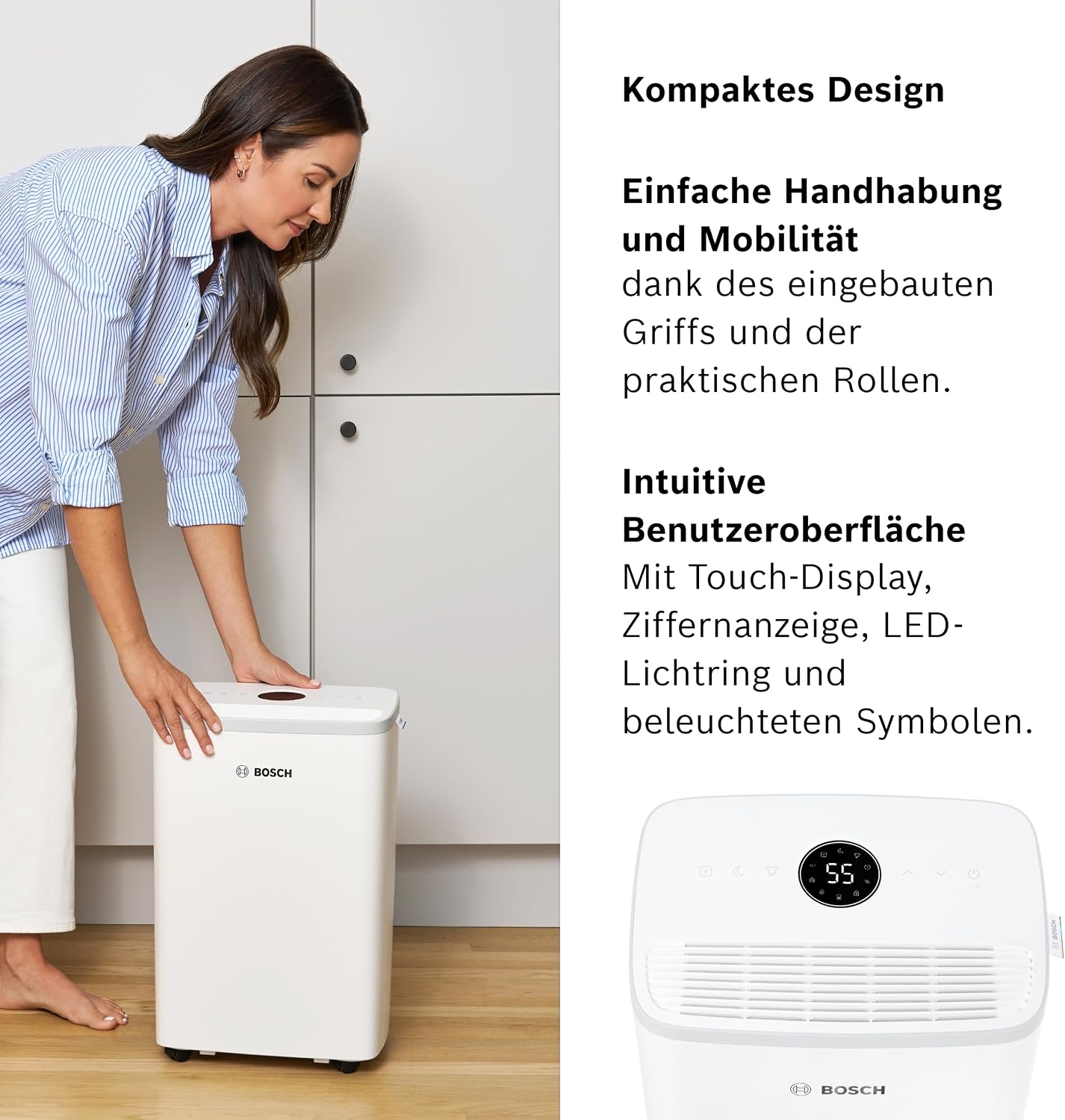 Bosch Dry 2000 Dehumidifier 12L/Day – 35dB, 2,5L Tank, Auto/Nacht/Laundry, 24m², White/Grey