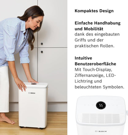 Bosch Dry 2000 Dehumidifier 12L/Day – 35dB, 2,5L Tank, Auto/Nacht/Laundry, 24m², White/Grey