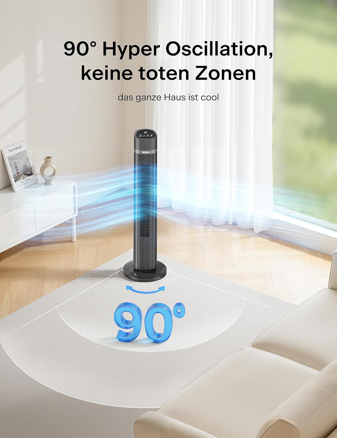 Pelonis PE-FZ10-18TRB-DE Tower Fan 101,6cm – 90° Oscillation, 36dB Night Mode, 15h Timer, 4 Speeds, Grey