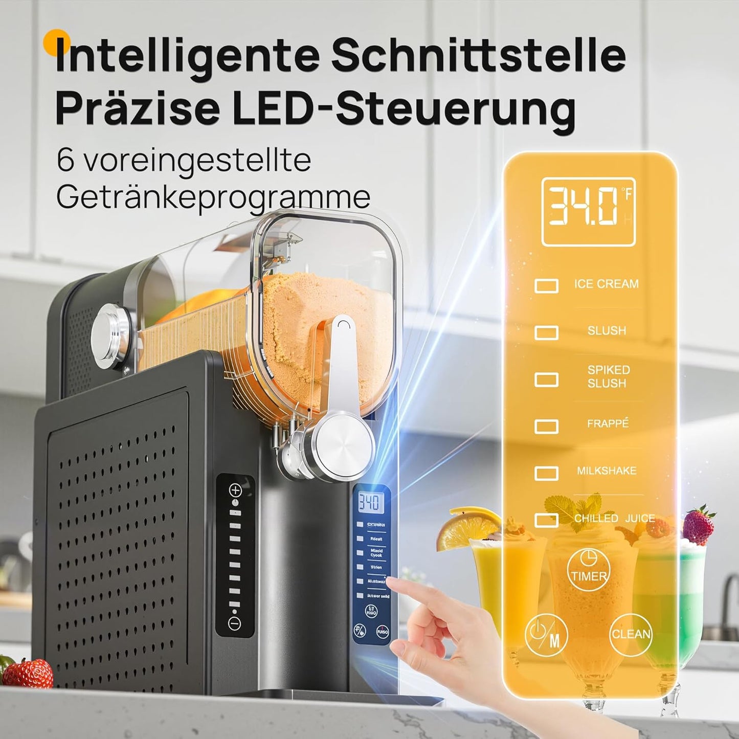 INITIO AD03 Slush Machine 2 L – 6 Programmes, 12h Vorprogrammierung, Self-Cleaning, Grey