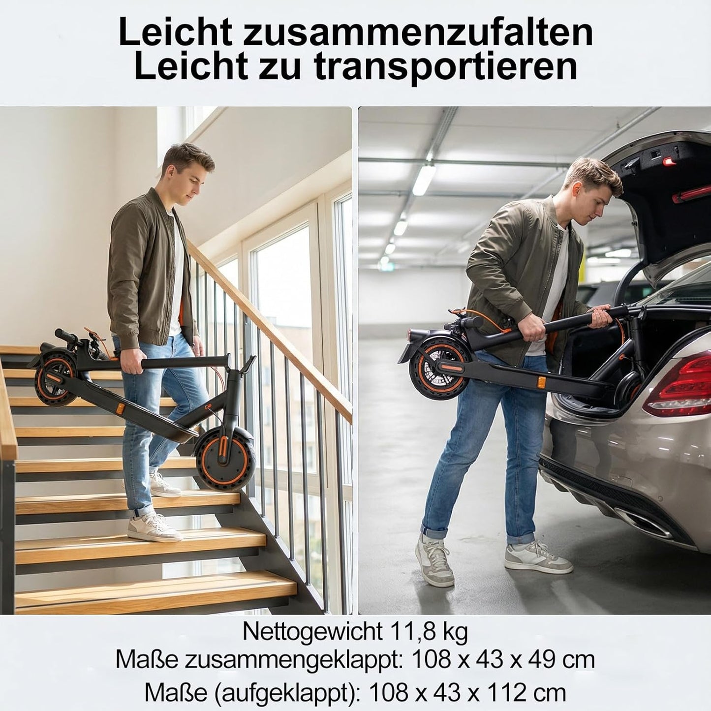 TODIMART T3 E-Scooter with ABE, Up to 30 km Range, 8,5 Zoll Solid Rubber Tyres, Bluetooth-App, Dual Braking System, Foldable, IPX5, Black/Orange
