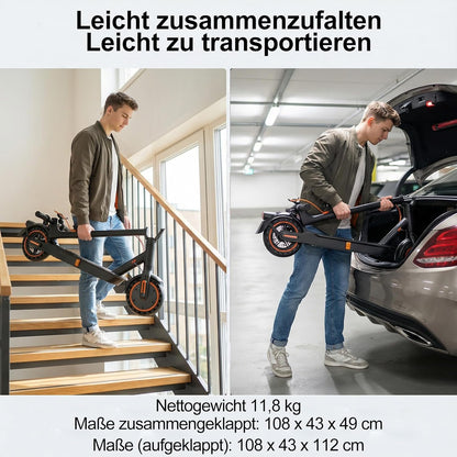 TODIMART T3 E-Scooter with ABE, Up to 30 km Range, 8,5 Zoll Solid Rubber Tyres, Bluetooth-App, Dual Braking System, Foldable, IPX5, Black/Orange