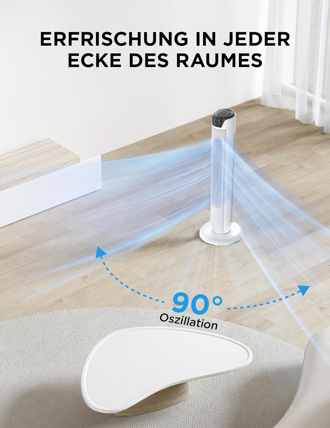 Midea FZ10-17JR Tower Fan 91,8cm – 45W, 330m³/h, 90° Oscillation, 3 Modes, 38dB, 7h Timer, White