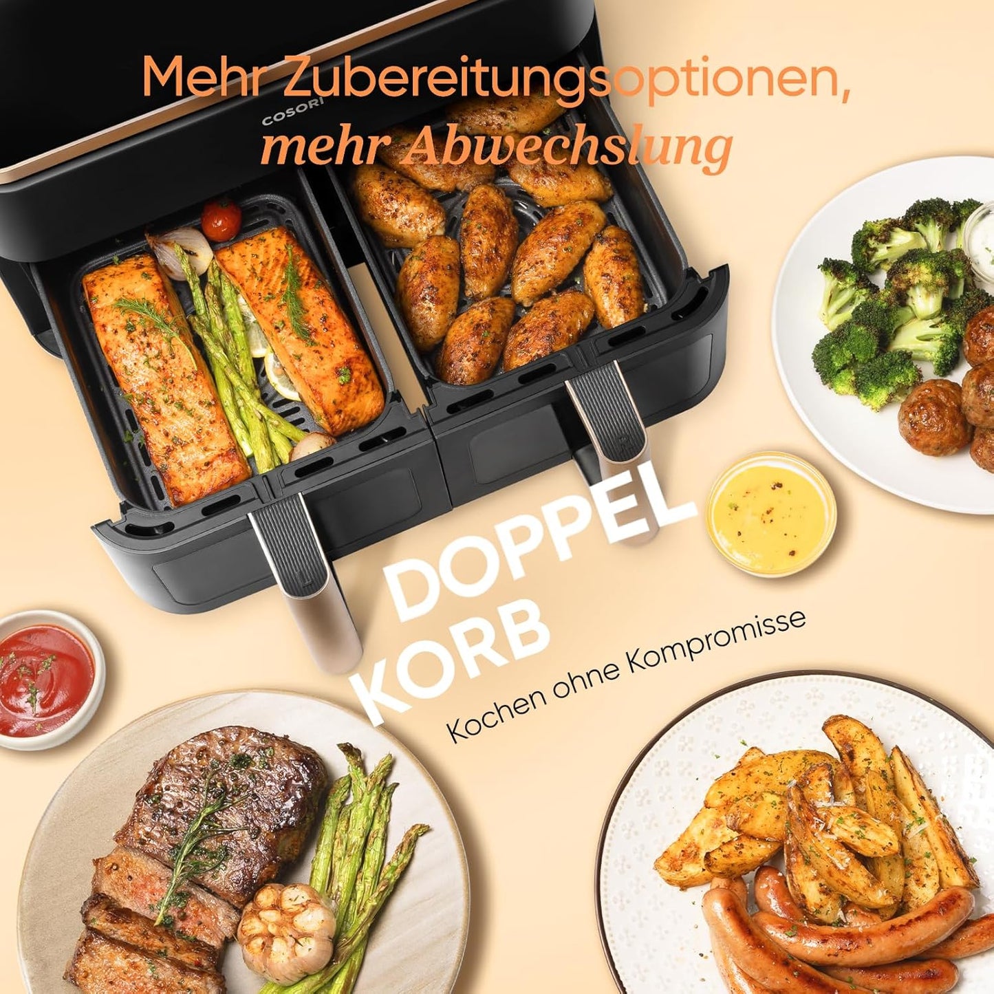 Cosori CAF-R903 Dual Zone Air Fryer 8,5L – Viewing Window, Sync & Match, 1750W, Gold