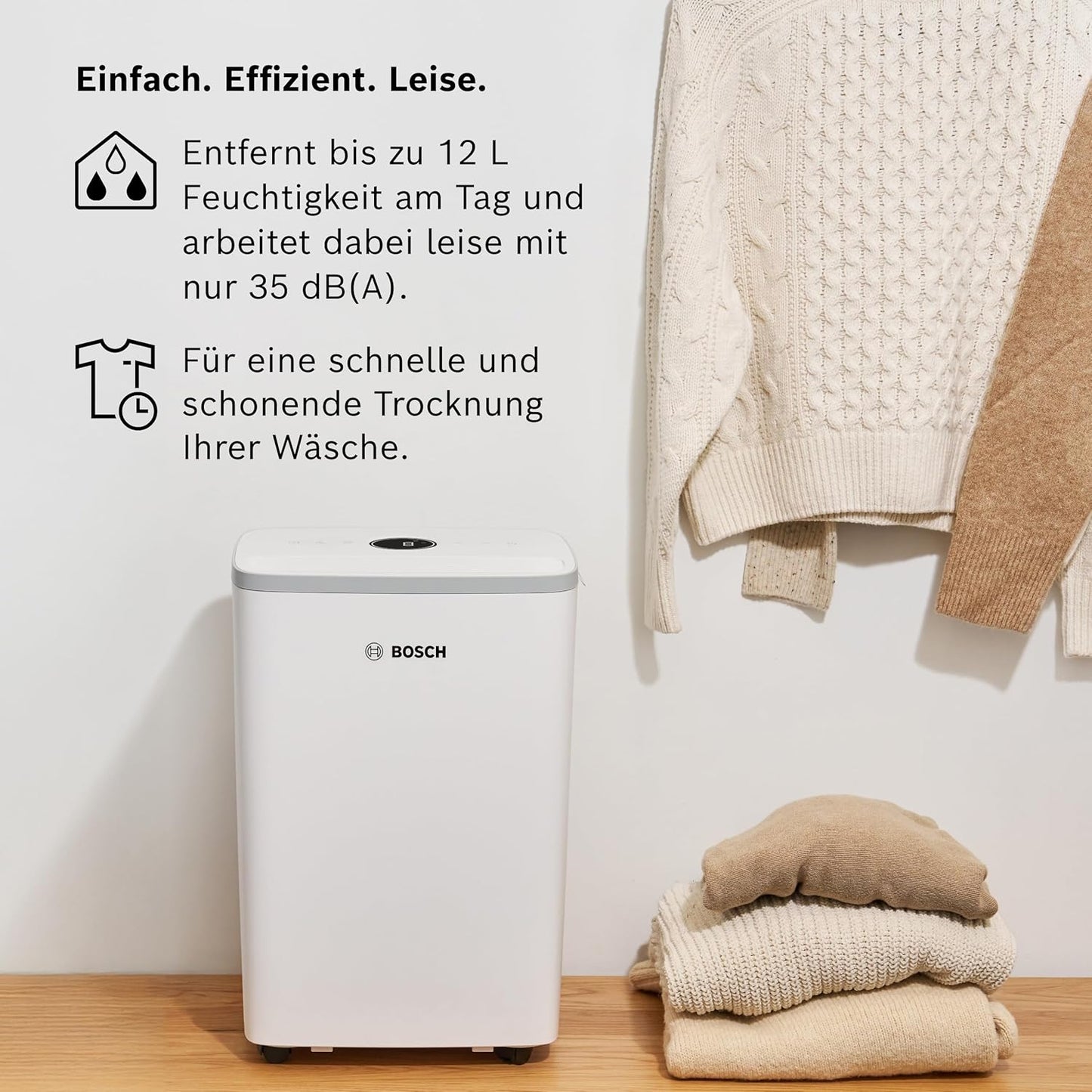 Bosch Dry 2000 Dehumidifier 12L/Day – 35dB, 2,5L Tank, Auto/Nacht/Laundry, 24m², White/Grey