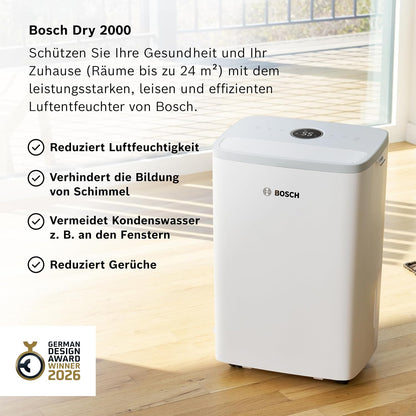 Bosch Dry 2000 Dehumidifier 12L/Day – 35dB, 2,5L Tank, Auto/Nacht/Laundry, 24m², White/Grey