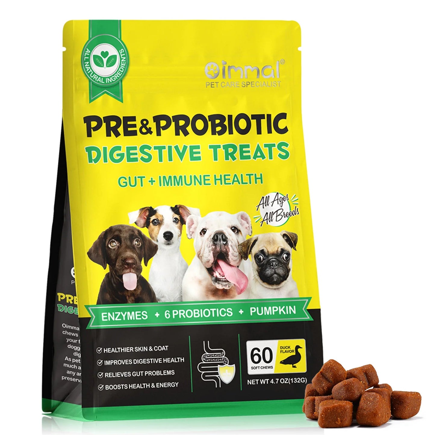 Natural Dog Probiotic Soft Chews – Digestive Support Treats for Dogs (60 Chews)