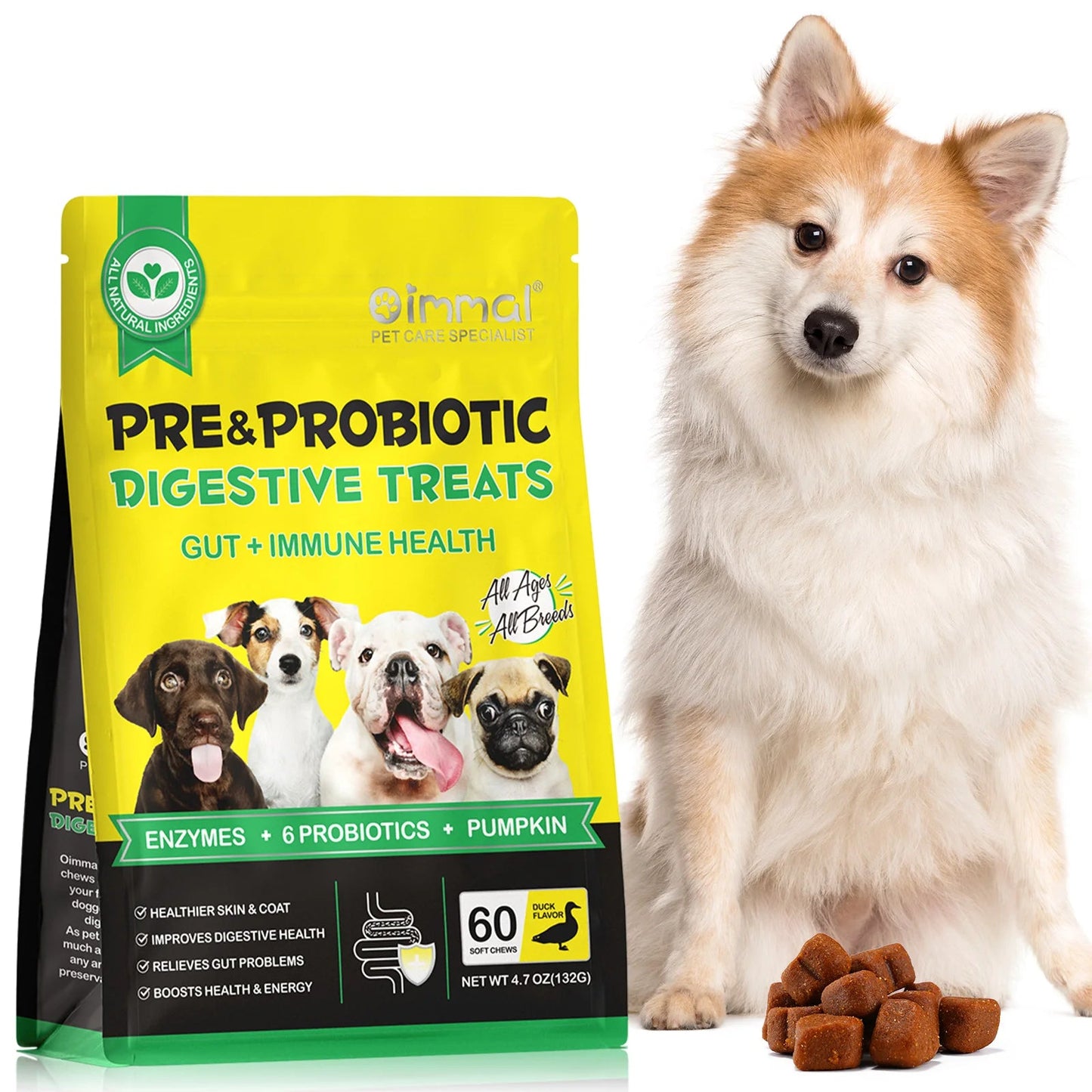Natural Dog Probiotic Soft Chews – Digestive Support Treats for Dogs (60 Chews)