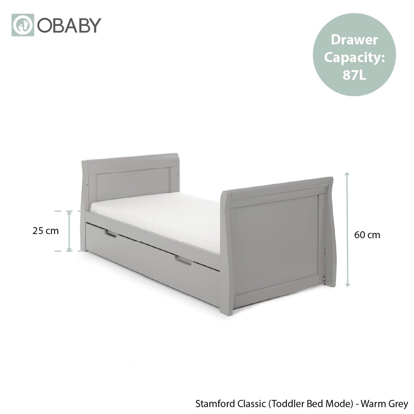 Obaby Stamford Classic Sleigh Cot Bed - Warm Grey