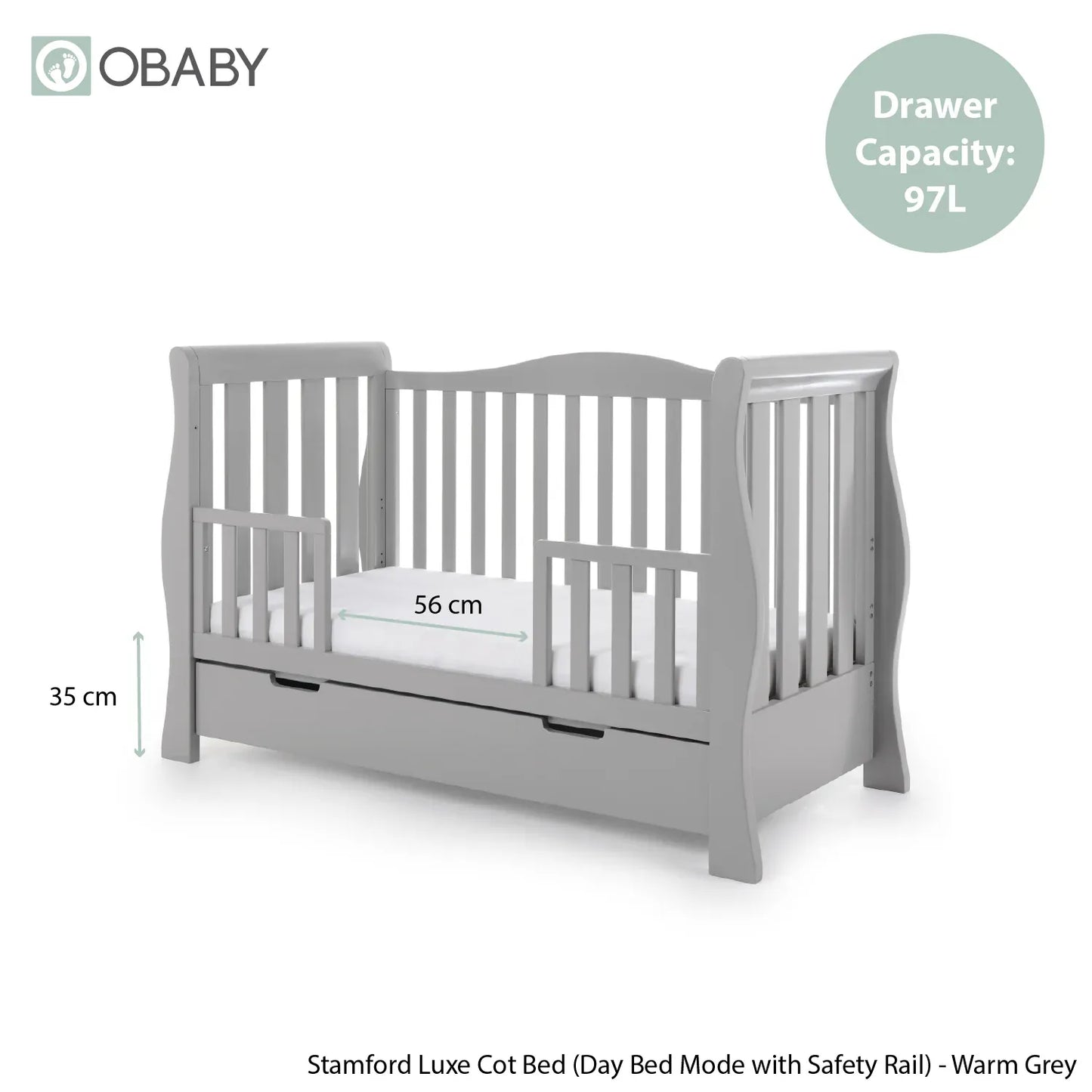 Obaby Stamford Luxe Sleigh Cot Bed - Warm Grey
