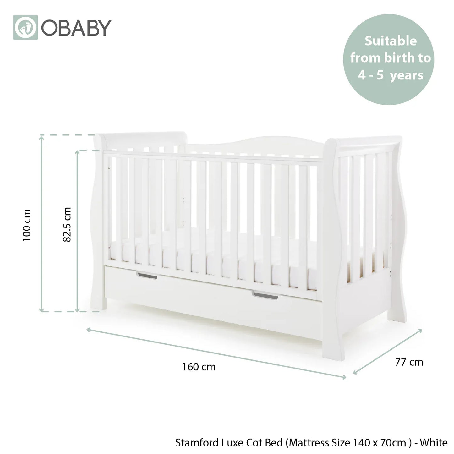 Obaby Stamford Luxe Sleigh Cot Bed - White