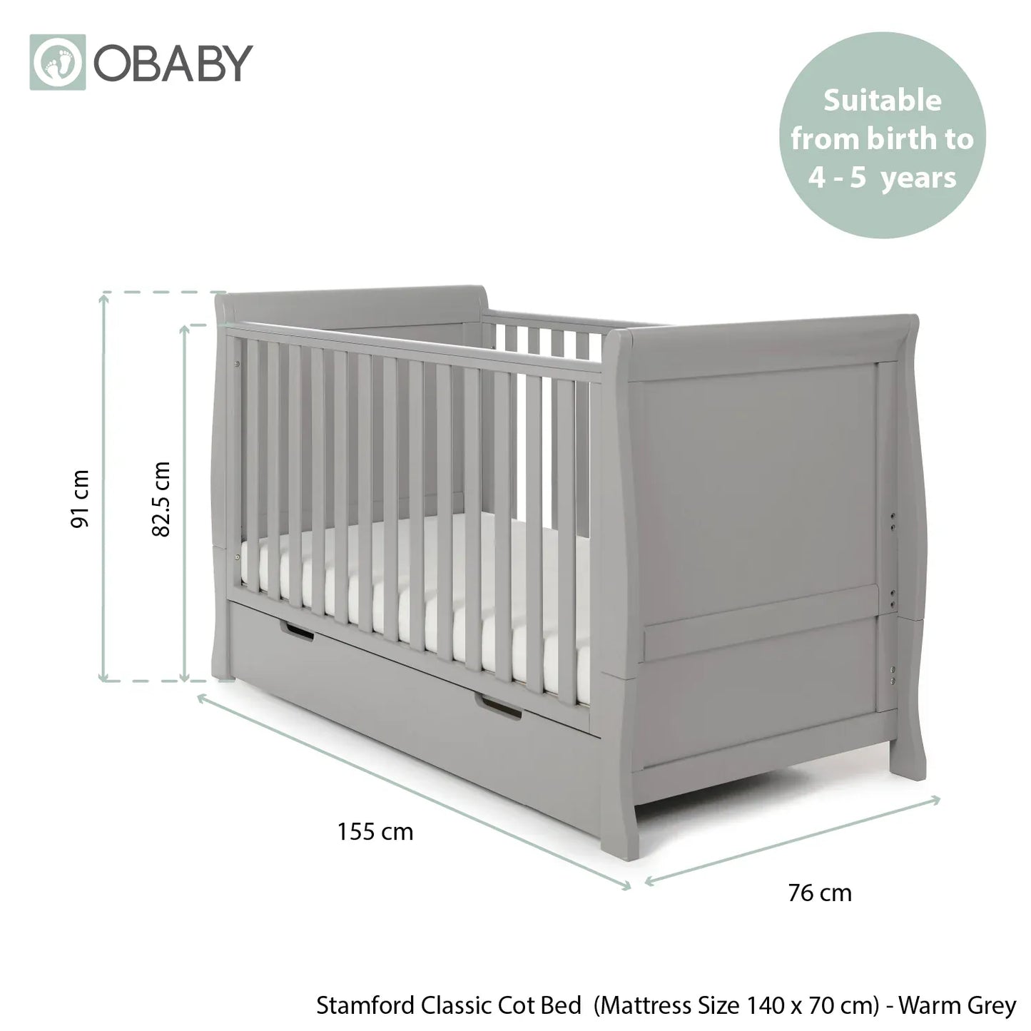 Obaby Stamford Classic Sleigh (3 Piece) Room Set - Warm Grey