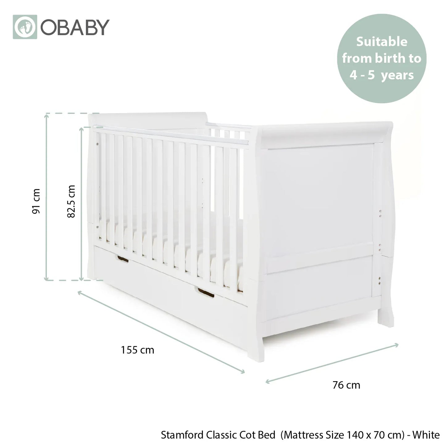 Obaby Stamford Classic Sleigh (3 Piece) Room Set - White