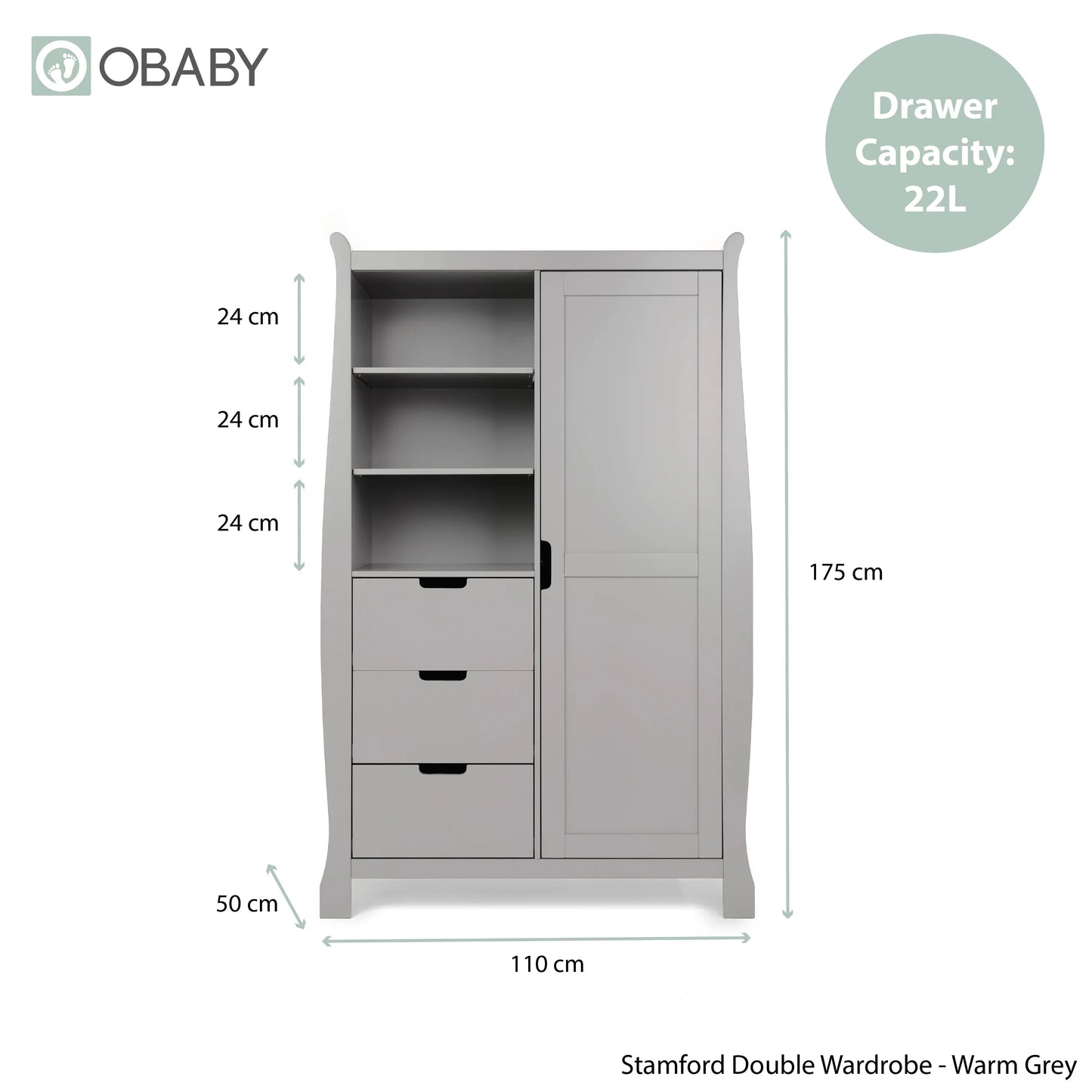 Obaby Stamford Luxe Sleigh (3 Piece) Room Set - Warm Grey