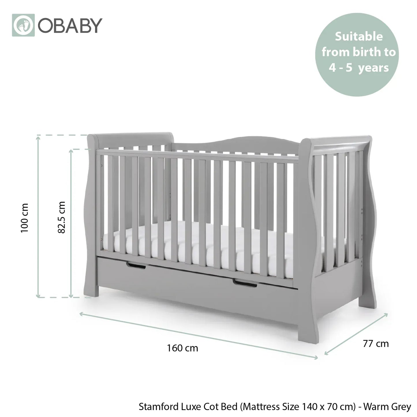Obaby Stamford Luxe Sleigh (3 Piece) Room Set - Warm Grey