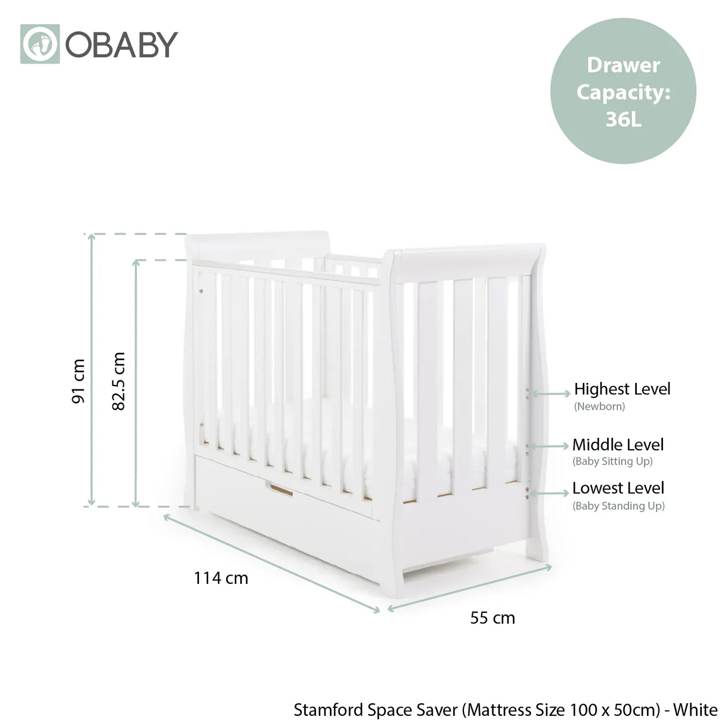 Obaby Stamford Space Saver Sleigh (2 Piece) Room Set - White