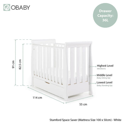Obaby Stamford Space Saver Sleigh (2 Piece) Room Set - White