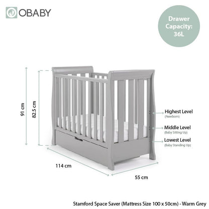 Obaby Stamford Space Saver Sleigh Cot - Warm Grey